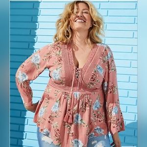 NWT Torrid Dusty Coral Floral Gauze & Crochet Babydoll Top 1X